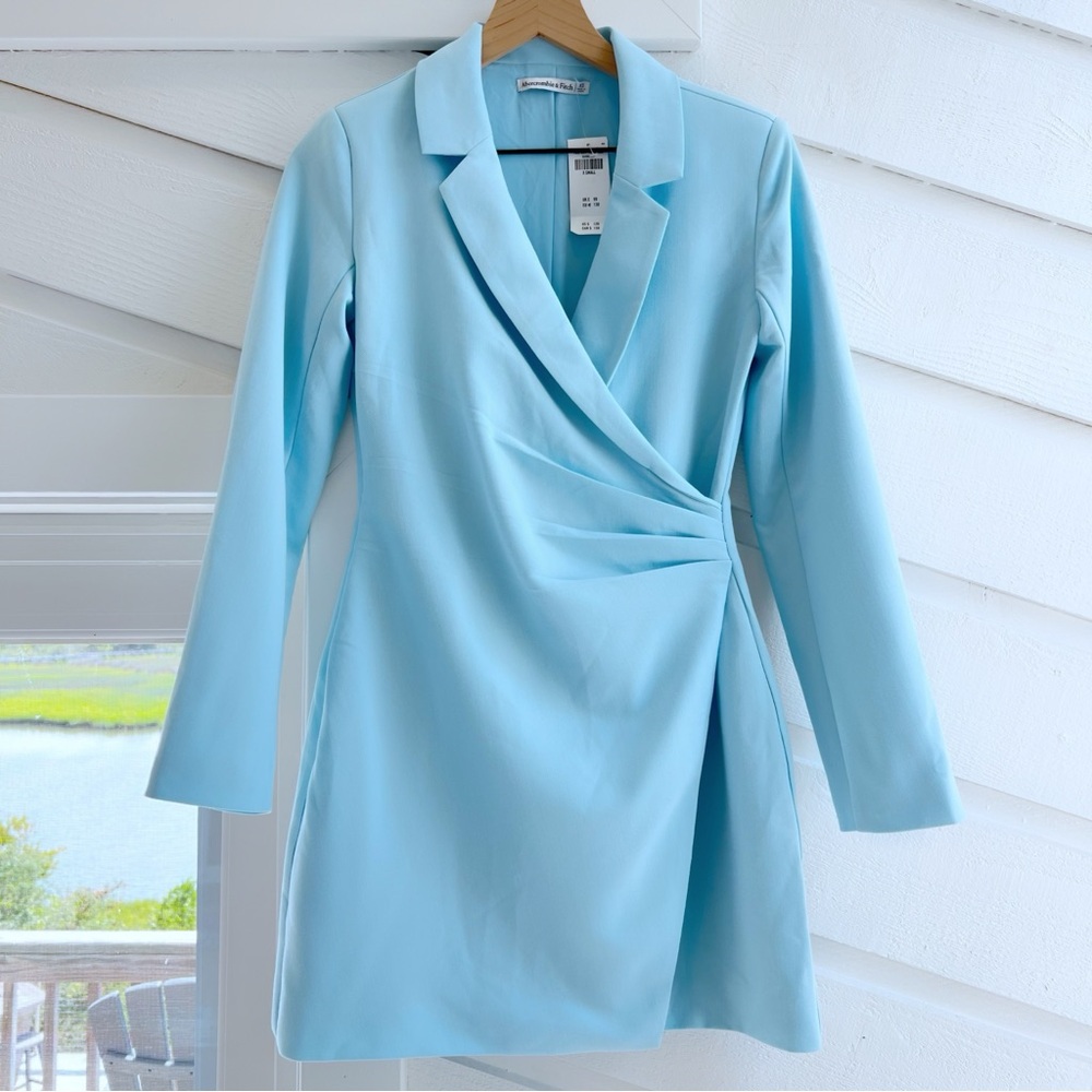 NWT Abercrombie & Fitch Wrap Front Blazer Long Sleeve Mini Dress Powder Blue XS